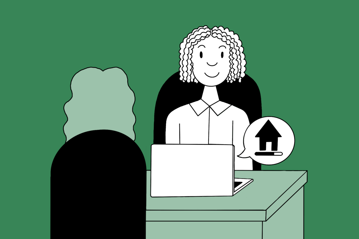 an illustration of a EA participant having a meeting about housing with a caseworker