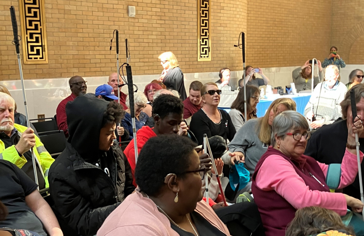 Attendees raising their white canes 