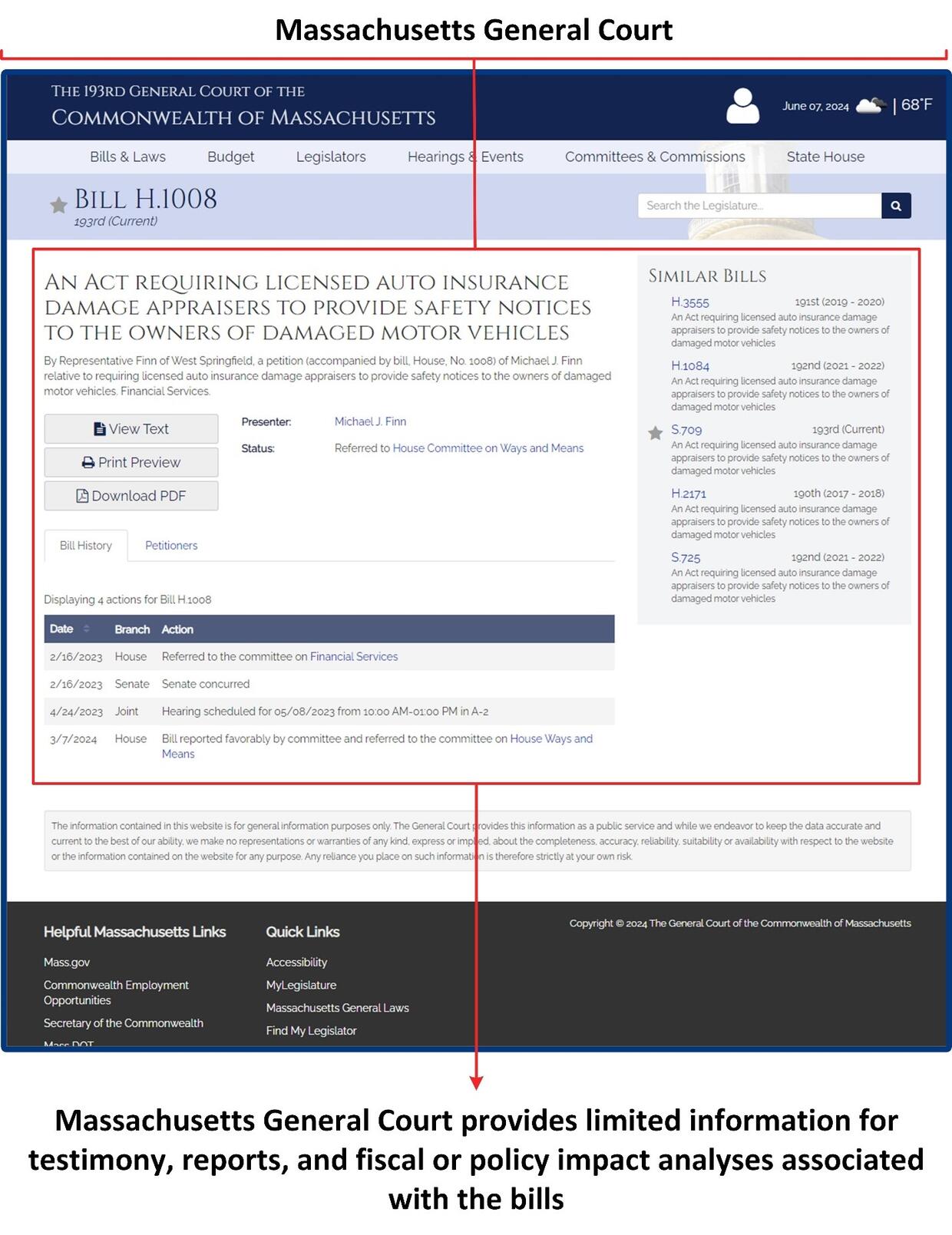 This object is a screenshot showing the Massachusetts General Court’s webpage for Bill H.1008, An Act Requiring Licensed Auto Insurance Damage Appraisers to Provide Safety Notices to the Owners of Damaged Motor Vehicles. This object demonstrates what information similar webpages include, such as the bill’s number, title, text, presenter, status, history, and petitioners; users also have the option to print a preview and download a PDF of the bill. Additionally, the webpage includes hyperlinks to similar bil