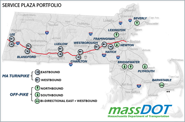 Map of service plazas. Include arrow markers indicating traveling direction and whether the service plaza is on the Massachusetts turnpike or another route