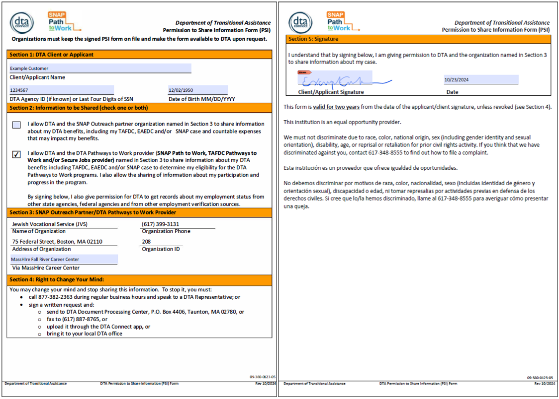 Example of a DTA Permission to Share Information form