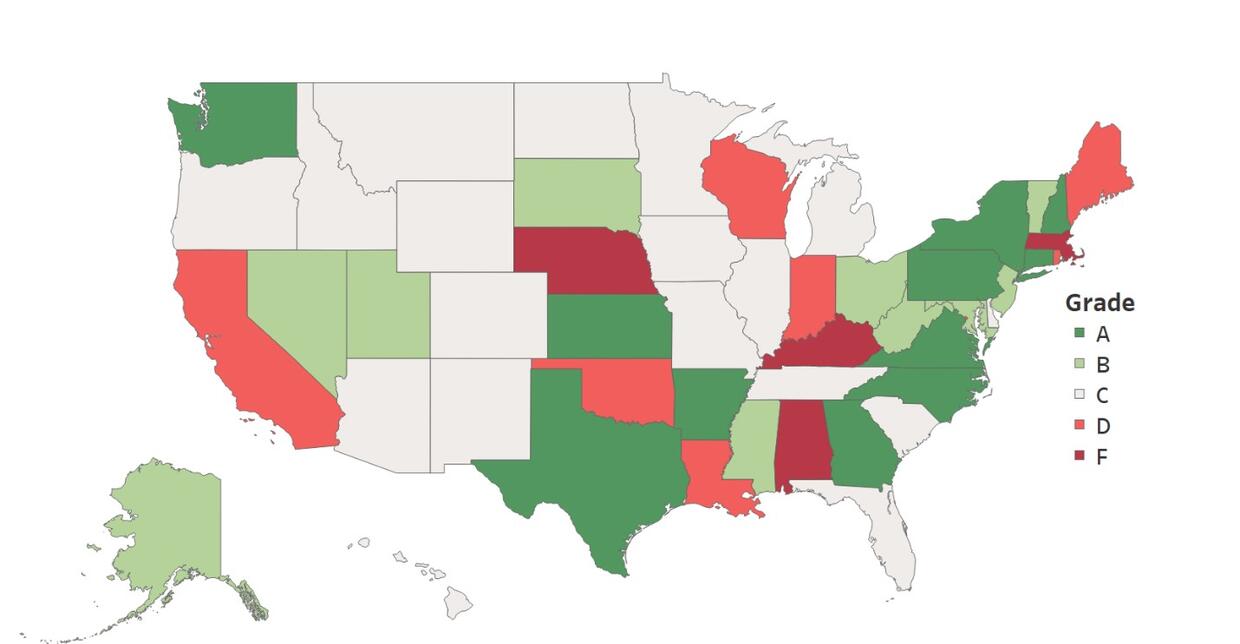 This object is a map showing the United States, including Alaska and Hawaii in the lower left quadrant. A color-coded shading is used to indicate the grade received for the states reviewed in the Open States’ Open Legislative Data Report Card. The color spectrum used is as follows: deep green for an A grade, light green for a B grade, grey for a C grade, orange-red for a D grade, and deep red for an F grade.