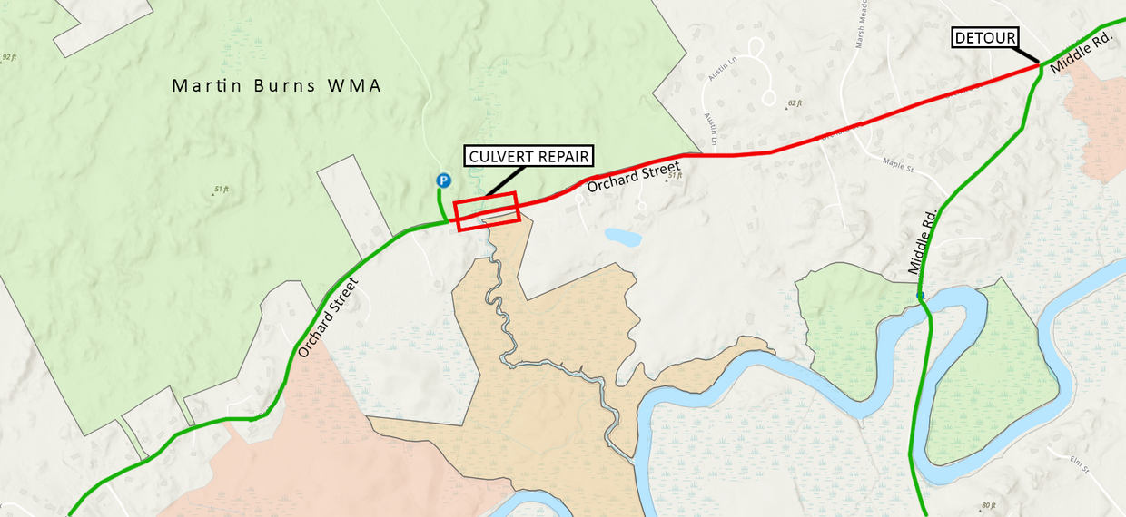 map showing location of road construction near Martin Burns WMA