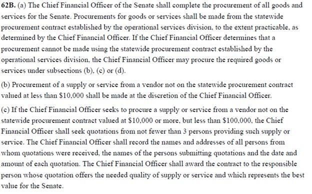 This object is an image showing the text of Senate Rule 62B(a–c). It states the following: “62B. (a) The Chief Financial Officer of the Senate shall complete the procurement of all goods and services for the Senate. Procurements for goods or services shall be made from the statewide procurement contract established by the operational services division, to the extent practicable, as determined by the Chief Financial Officer. If the Chief Financial Officer determines that a procurement cannot be made using th