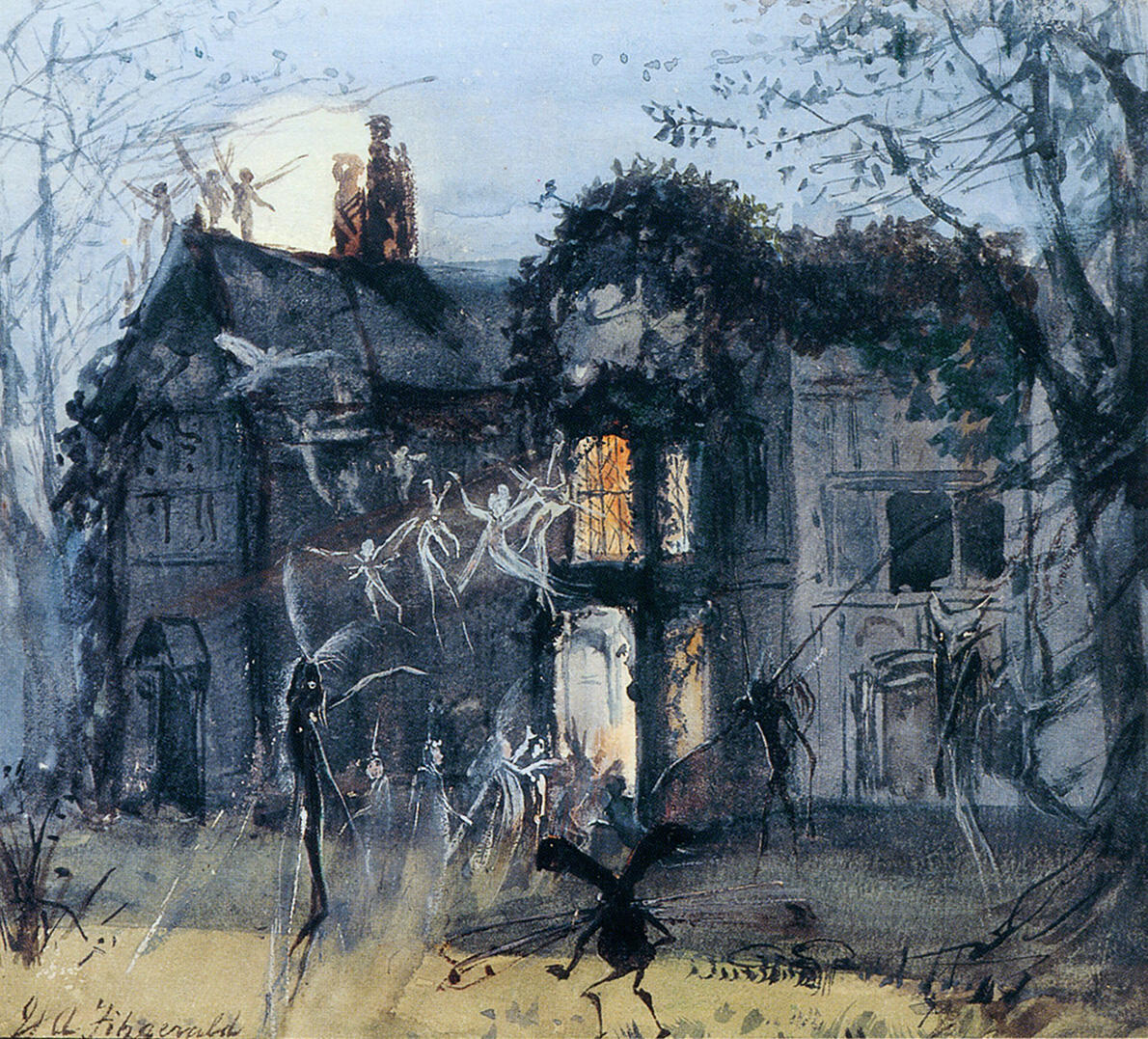 A watercolor painting depicting ghostly figures in front of with a dark mansion and a full moon in the background.