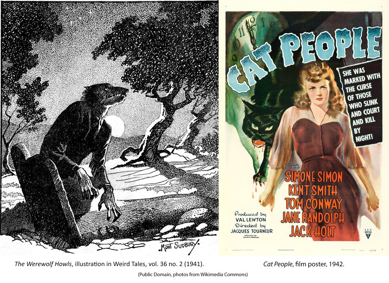 An etching of a werewolf in a cemetery at night and a poster from the 1942 film "Cat People".