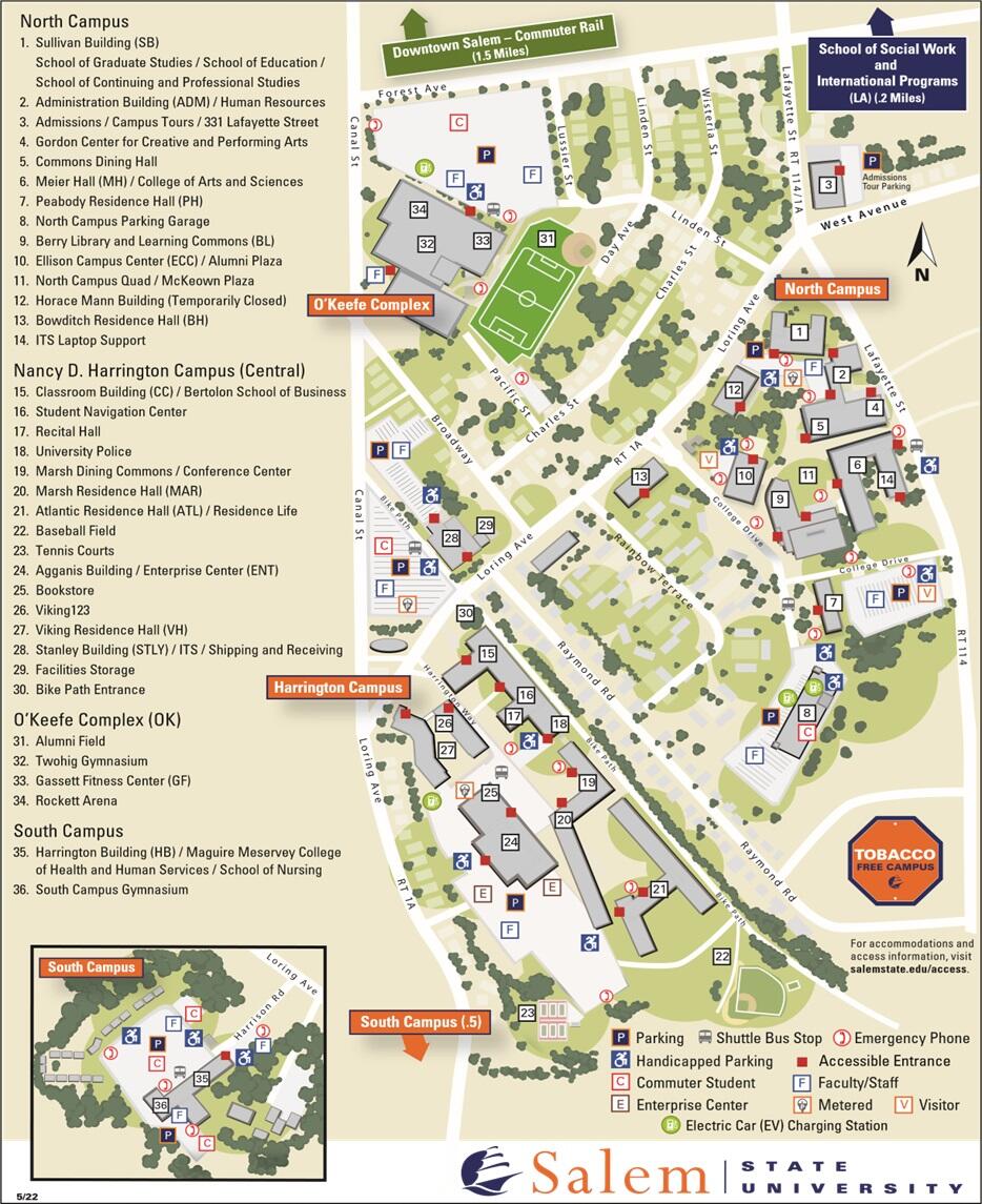 This is a map of Salem State University's  campus with a list of campus buildings.