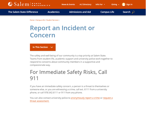 This is a screen shot of the Salem State University webpage used to report incidents or concerns related to safety.