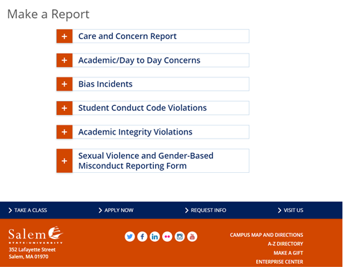 This is a screen shot listing the types of reports a person can file regarding safety on Salem State University's website. The list includes Care and Concern Reports, Academic or Day-to-Day Concerns, Bias Incidents, Student Conduct Code Violations, Academic Integrity Violations, and Sexual Violence and Gender-Based Misconduct.