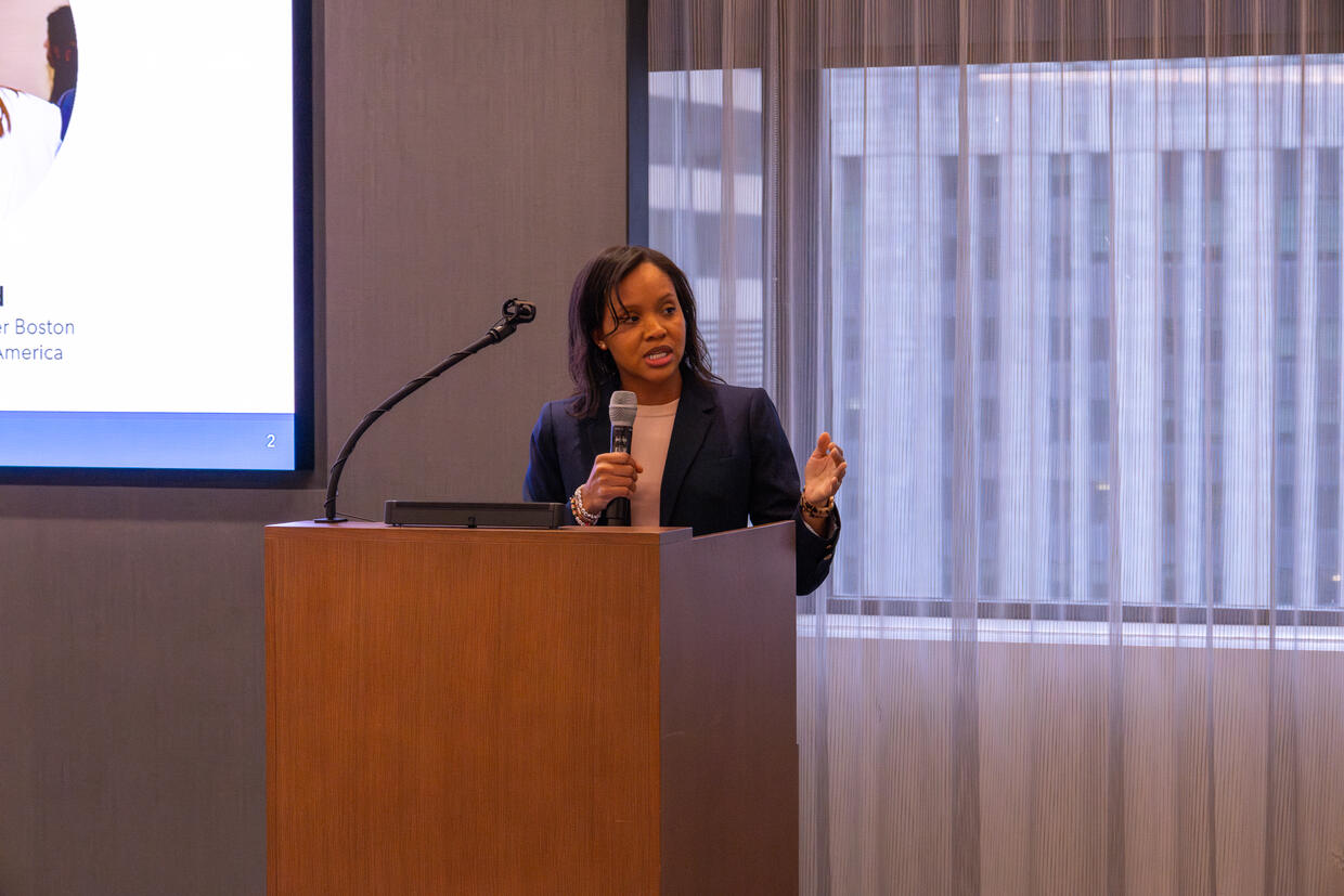 A close up shot of Secretary Jones welcoming attendees to the MassSkills Coalition convening