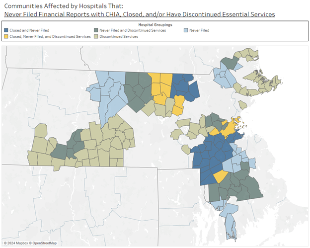 This object is a map showing the relationship between cities and towns which were affected during the audit period by acute care hospitals that (1) closed, (2) discontinued essential services, and/or (3) did not file financial reporting with CHIA.