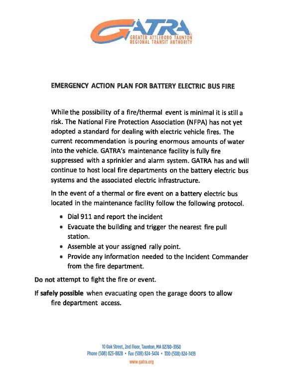 This image shows GATRA’s Emergency Action Plan for Battery Electric Bus Fires. It states that the current standard is to use water on the fire and that the facility has a sprinkler and alarm system. It also lists the steps to take in case of a fire: Call emergency services and report the fire; trigger the fire pull alarm and evacuate the building; assemble at a pre-determined location; and provide information to the fire department.