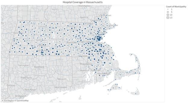 This object is a map showing hospital coverage in Massachusetts. The map shows a large concentration of hospital coverage in Boston and its immediate surrounding communities, ranging between 5 and 13 hospitals that service the communities in this area.