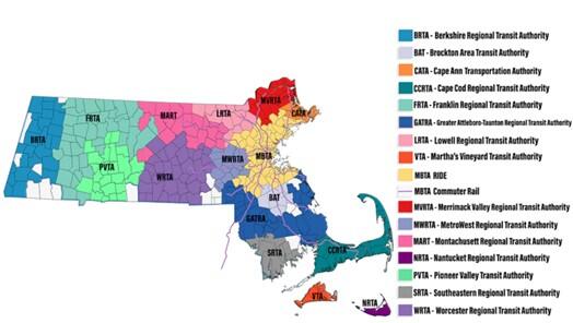 This is a map of Massachusetts showing 16 regions: 15 covered by separate RTAs and 1 covered by the Massachusetts Bay Transportation Authority’s “The RIDE” service. The map also shows the Massachusetts Bay Transportation Authority’s commuter rail system. The 15 RTAs are as follows: Berkshire Regional Transit Authority, Brockton Area Transit Authority, Cape Ann Transit Authority, Cape Cod Transit Authority, Franklin Regional Transit Authority, Greater Attleboro-Taunton Regional Transit Authority, Lowell Regi