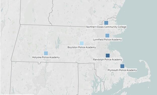 This is a map that shows where each MPTC-Operated police academy is located. The locations are in Boylston, Holyoke, Lynnfield, Plymouth, and Randolph. There is also one at Northern Essex Community College.
