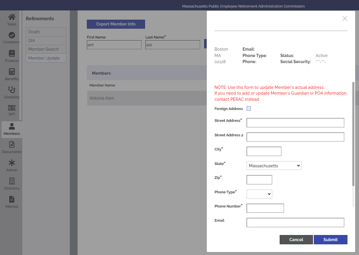 Screenshot showing fields to enter the member address and contact information.