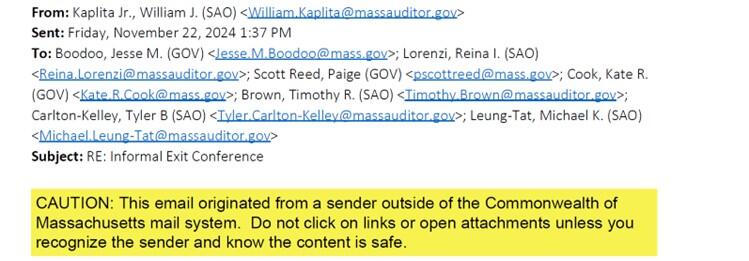 This is from an email from the Office of the State Auditor to the Office of the Governor, dated November 22, 2024. This section is a notice that the email came from a sender outside of the Commonwealth’s mail system.