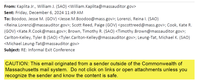 This is an email from the Office of the State Auditor to the Office of the Governor, dated December 6, 2024. In this email, the Office of the State Auditor states that its access to records is not subject to the notifications required by Chapter 66A of the Massachusetts General Laws.