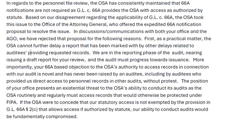 This is an email from the Office of the Governor to the Office of the State Auditor, dated December 5, 2024. The email states that the Office of the Governor, the Massachusetts Department of Transportation, the Executive Office of Public Safety and Security, and the Executive Office of Health and Human Services plans to send notifications to “impacted personnel” to allow those individuals the opportunity to object to the review of the requested records.