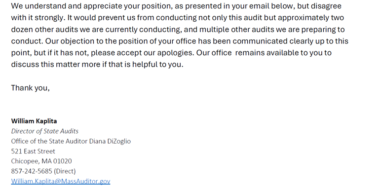This is from the body of an email from the Office of the State Auditor to the Office of the Governor, dated November 22, 2024. This section of the email states that the Office of the State Auditor strongly disagrees with the Office of the Governor’s position and states that the Office of the State Auditor is open to discuss the matter.