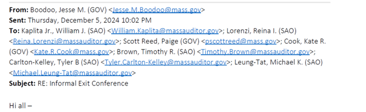 This is an email from the Office of the Governor to the Office of the State Auditor, dated December 5, 2024. The email states that the Office of the Governor, the Massachusetts Department of Transportation, the Executive Office of Public Safety and Security, and the Executive Office of Health and Human Services plans to send notifications to “impacted personnel” to allow those individuals the opportunity to object to the review of the requested records.