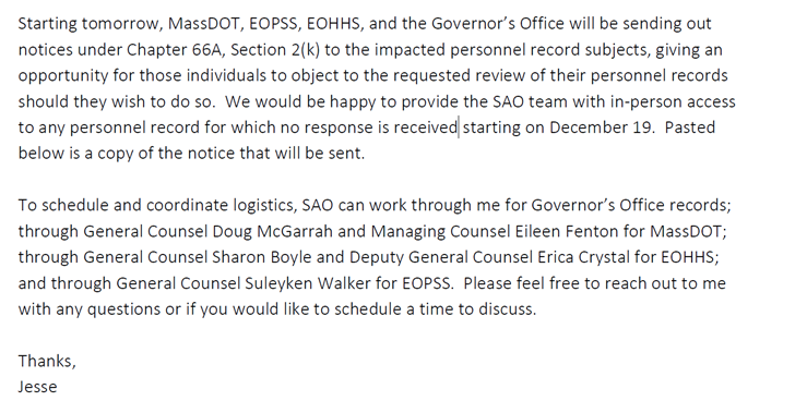 This is an email from the Office of the Governor to the Office of the State Auditor, dated December 5, 2024. The email states that the Office of the Governor, the Massachusetts Department of Transportation, the Executive Office of Public Safety and Security, and the Executive Office of Health and Human Services plans to send notifications to “impacted personnel” to allow those individuals the opportunity to object to the review of the requested records.