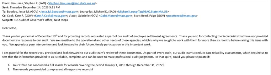 This is an email from the Office of the State Auditor to the Office of the Governor, dated December 14, 2023, asking whether the Office of the Governor verified that it has produced all employee settlement agreements from the audit period to the Office of the State Auditor.