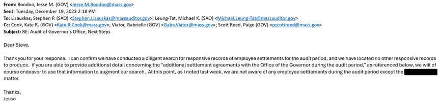 This is an email from the Office of the Governor to the Office of the State Auditor, dated December 19, 2023, stating that the Office of the Governor confirms that it conducted a search for employee settlement agreements from the audit period and found no additional employee settlement agreements from the audit period as of the date of the email.