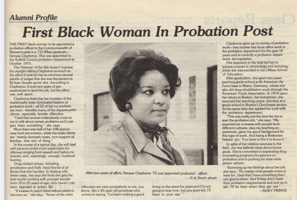 Black-and-white newspaper article featuring a profile of Denyse Clayborne and her achievements as the first Black woman probation officer in Massachusetts.