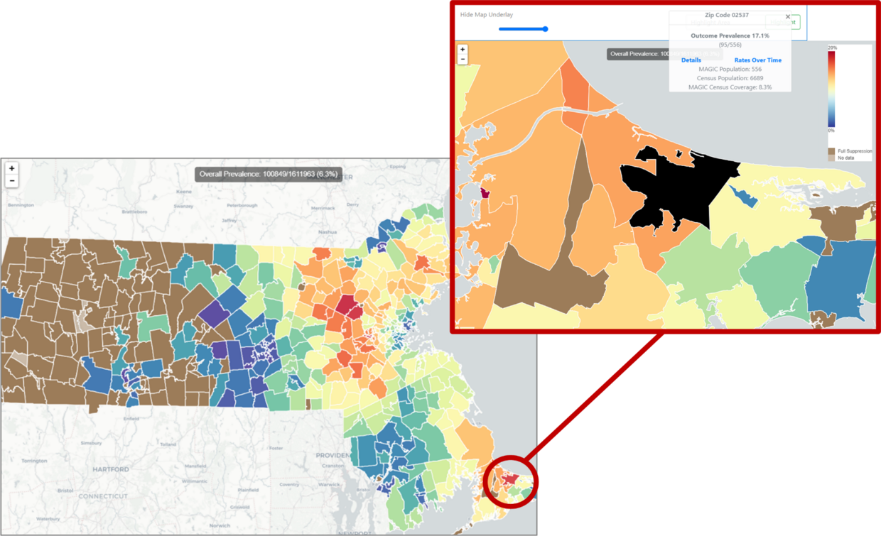 A heat map of cities and towns by zip code in Massachusetts of varying color shades ranging from black to dark red.  One of the towns on Cape Cod has been selected which brings up a close up image of the town with more information about the condition in that town.