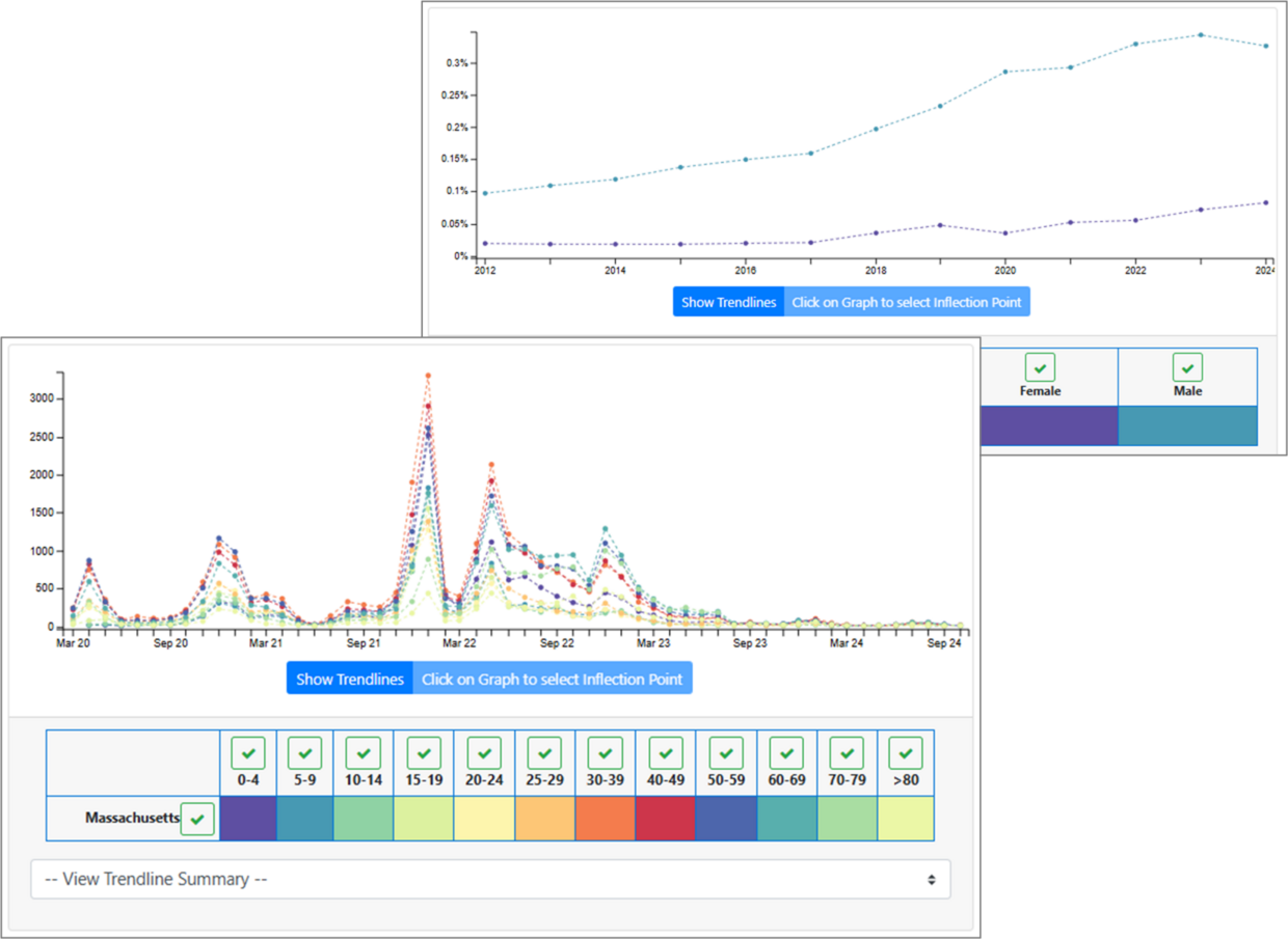 Two examples of timeseries graphs of outcomes that are further stratified and filtered.  Data can be aggregated and viewed by month or by year and be viewed as patient counts or as incidence rates.  The examples show one timeline by year and another one by month.