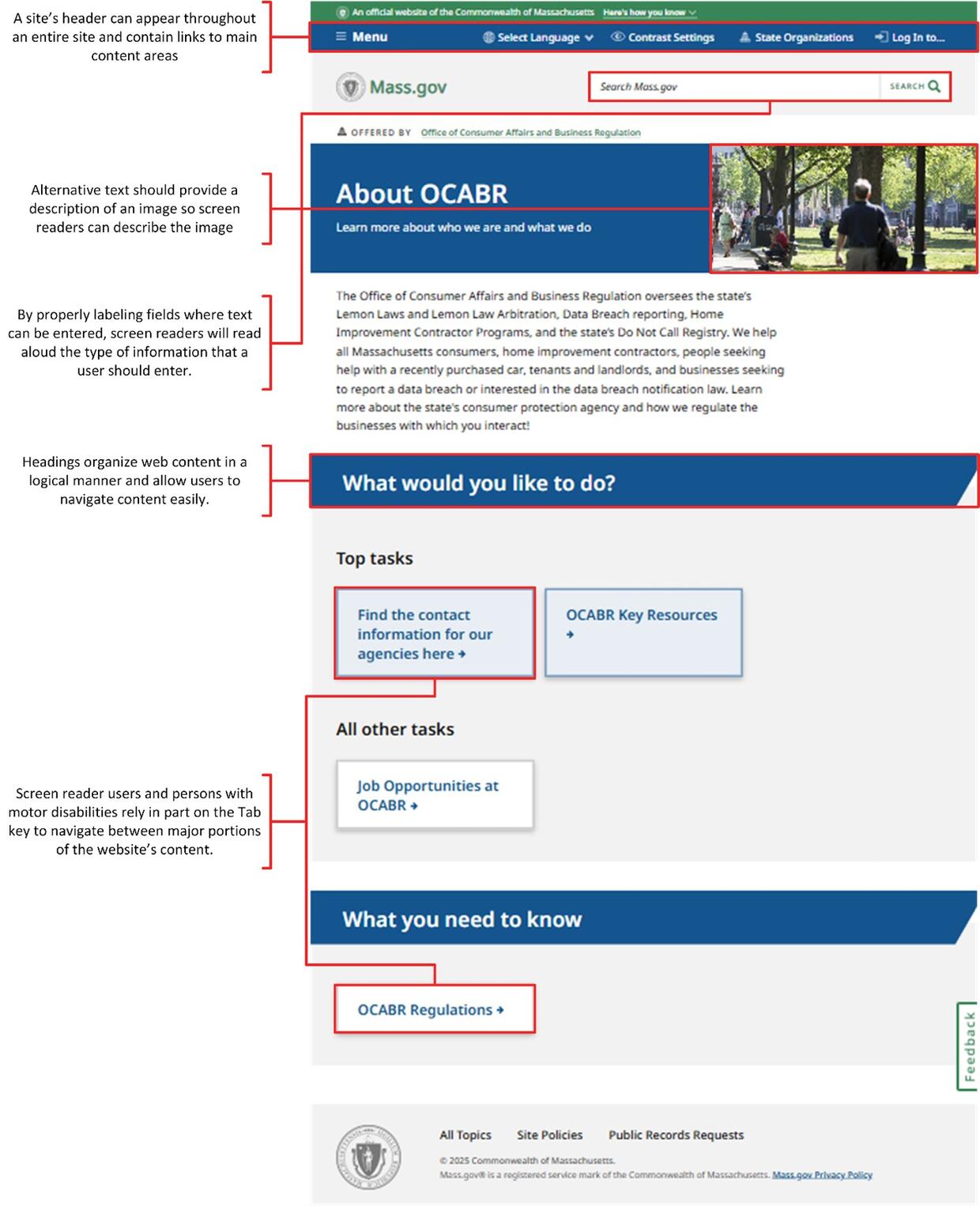 This object is a screenshot showing an OCABR webpage with explanations on how accessibility standards make websites more inclusive. The screenshot highlights how different elements of a webpage (e.g., multiple headings for different sections) can contribute to that webpage’s level of accessibility. 