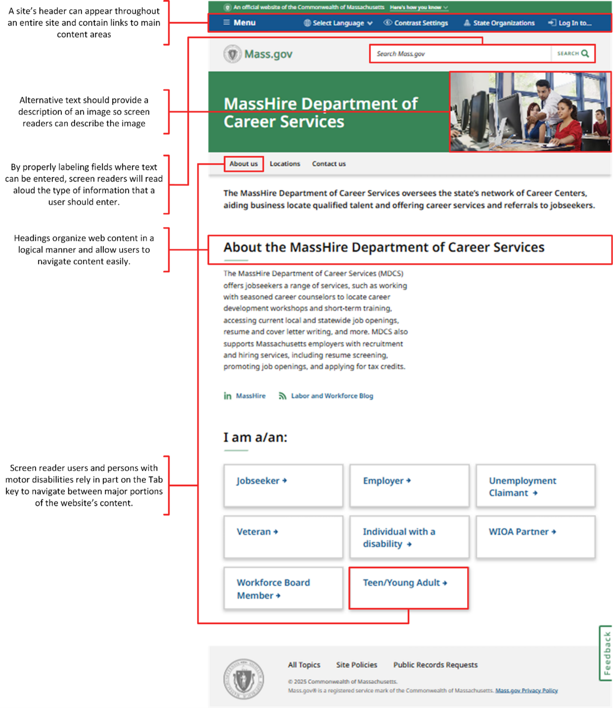 This object is a screenshot showing a MDCS webpage with explanations on how accessibility standards make websites more inclusive. The screenshot highlights how different elements of a webpage (e.g., multiple headings for different sections) can contribute to that webpage’s level of accessibility.