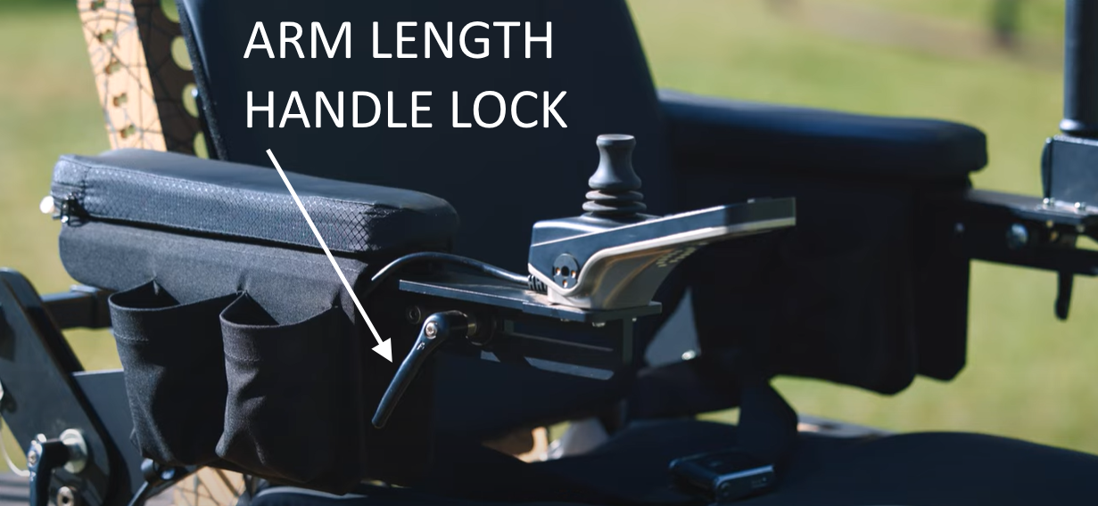 Trackchair arm showing the lever to control the length.