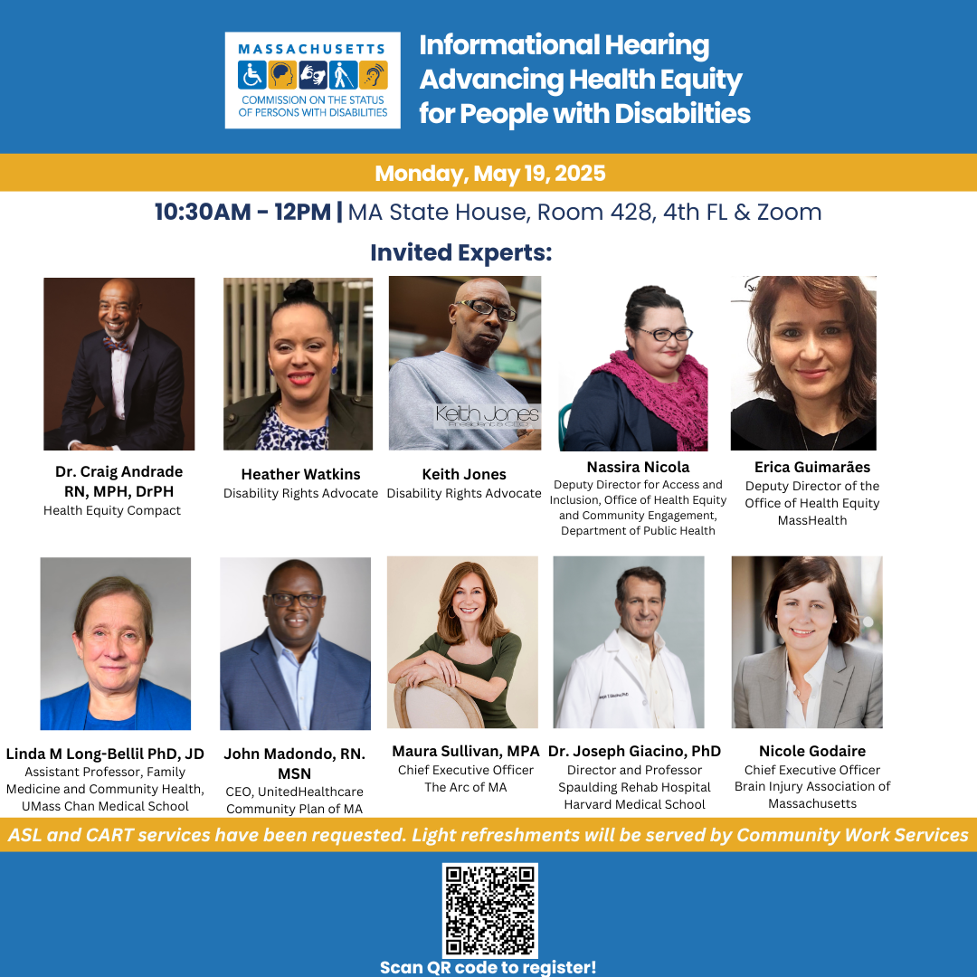 Flyer for a May 19, 2025 informational hearing on advancing health equity for people with disabilities, listing time, location, invited speakers, and registration QR code.