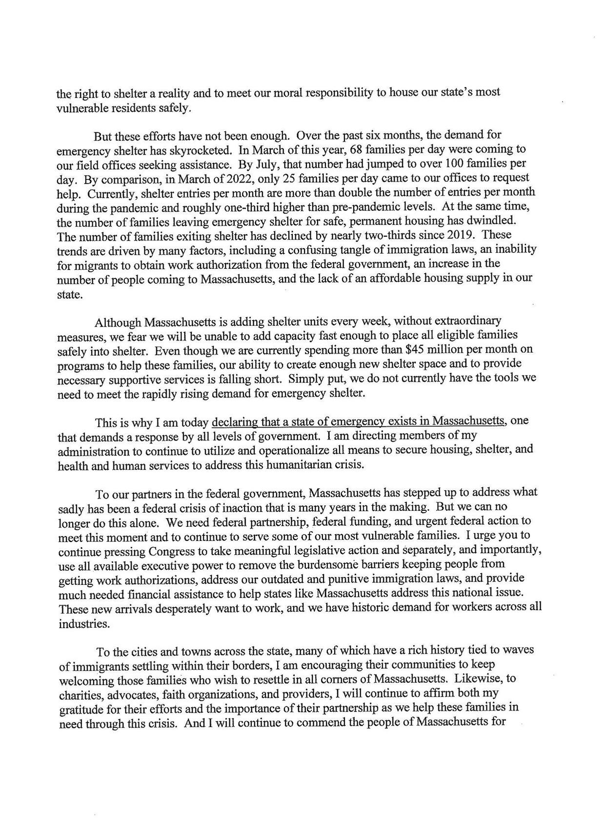 This is the second page of a letter, dated August 8, 2023, from Governor Healey to Alejandro Mayorkas, the then Secretary of Homeland Security. On this page, Governor Healey states that demand for shelter grew that year from 68 families a day in March 2023 to over 100 families a day in July 2023, compared to 25 families a day in March 2022. Governor Healey then asks for federal assistance to address the state of emergency in Massachusetts.