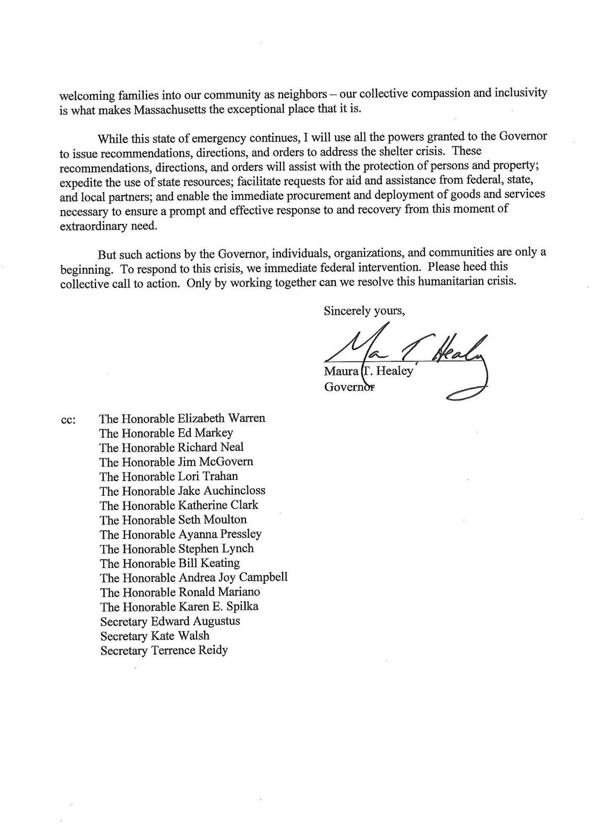 This is the final page of a letter, dated August 8, 2023, from Governor Healey to Alejandro Mayorkas, the then Secretary of Homeland Security. On this final page, Governor Healey states that she will use her position to issue directions, recommendations, and orders within the state to address the ongoing issues related to an increase demand for shelters. She also requests “immediate federal intervention.”