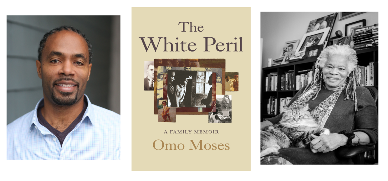 Author Omo Moses and his mother, Dr. Janet Moses, with the book cover for The White Peril: A Family Memoir