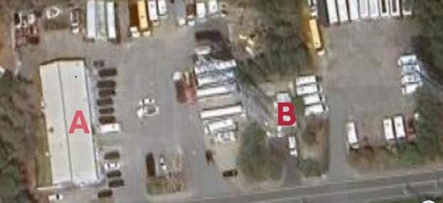 This is an image of a parking lot with an “A” and a “B” overlaid on the image to show the 223-foot distance that was charged as a trip by Mercedes Cab Company / Pilgrim Transit.