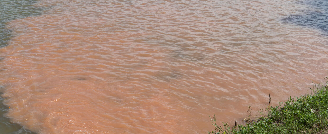 Sediment eroding into blue lake turning water brown.