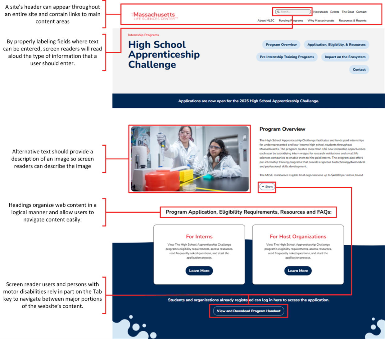This object is a screenshot showing an MLSC webpage with explanations on how accessibility standards make websites more inclusive. The screenshot highlights how different elements of a webpage (e.g., multiple headings for different sections) can contribute to that webpage’s level of accessibility.