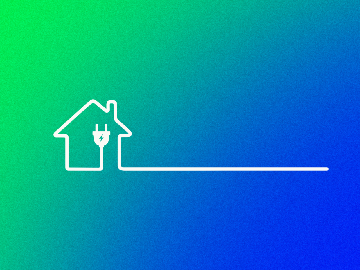 A graphic with a blue green gradient and a white graphic of a house.