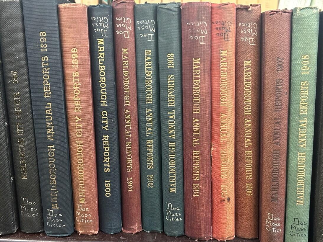 Marlborough Town Reports,1897-1908, on a bookshelf