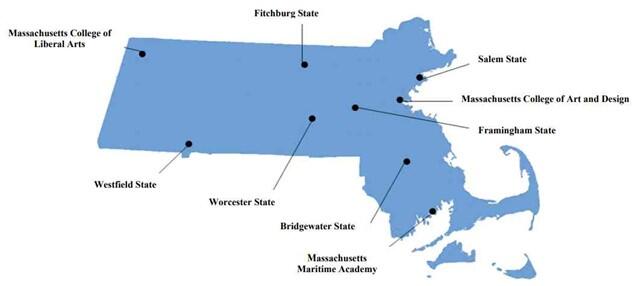 This object is a map from MSCBA’s Annual Report Fiscal Year 2023 that shows the locations of the nine state universities in Massachusetts. They are as follows: Massachusetts College of Liberal Arts, Westfield State University, Fitchburg State University, Worcester State University, Framingham State University, Massachusetts College of Art and Design, Bridgewater State University, Salem State University, and Massachusetts Maritime Academy.