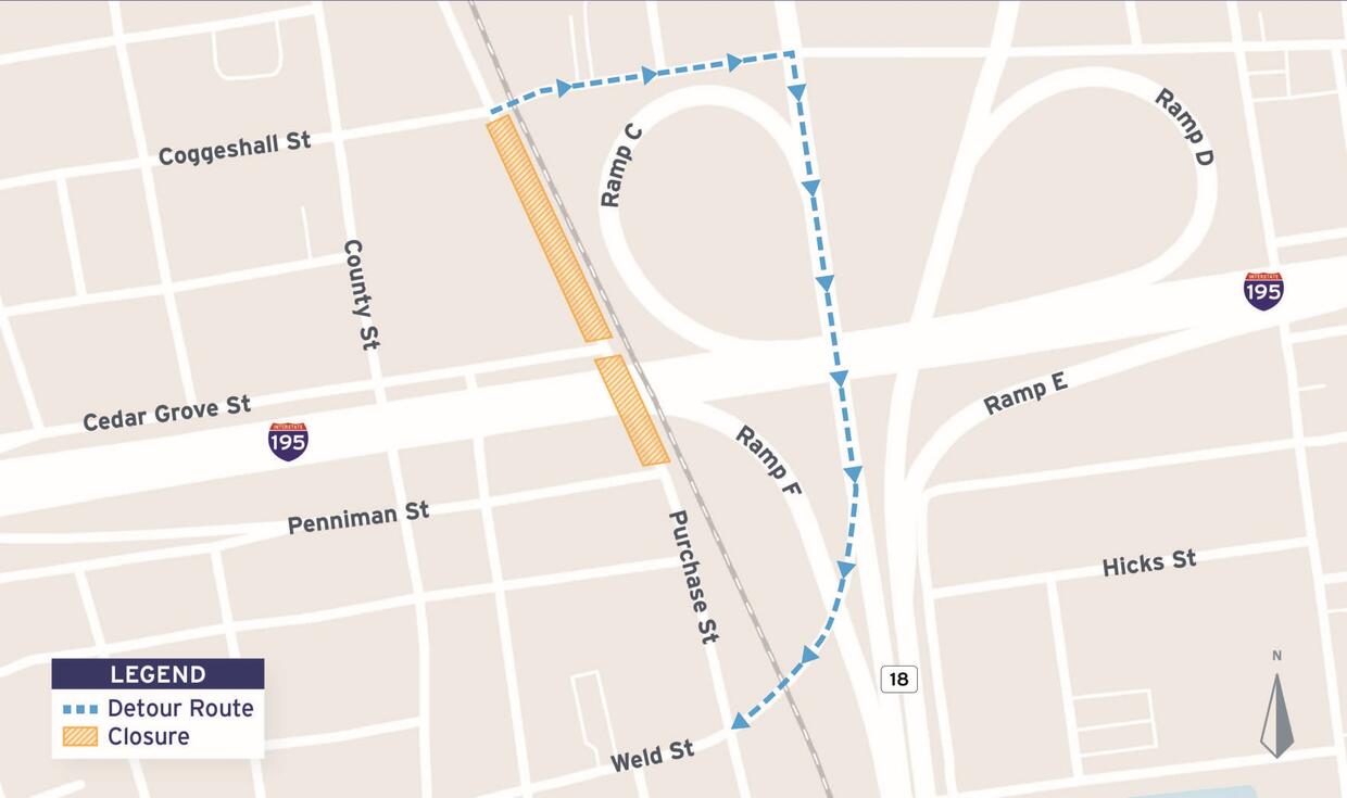 Closure of Purchase Street detour map
