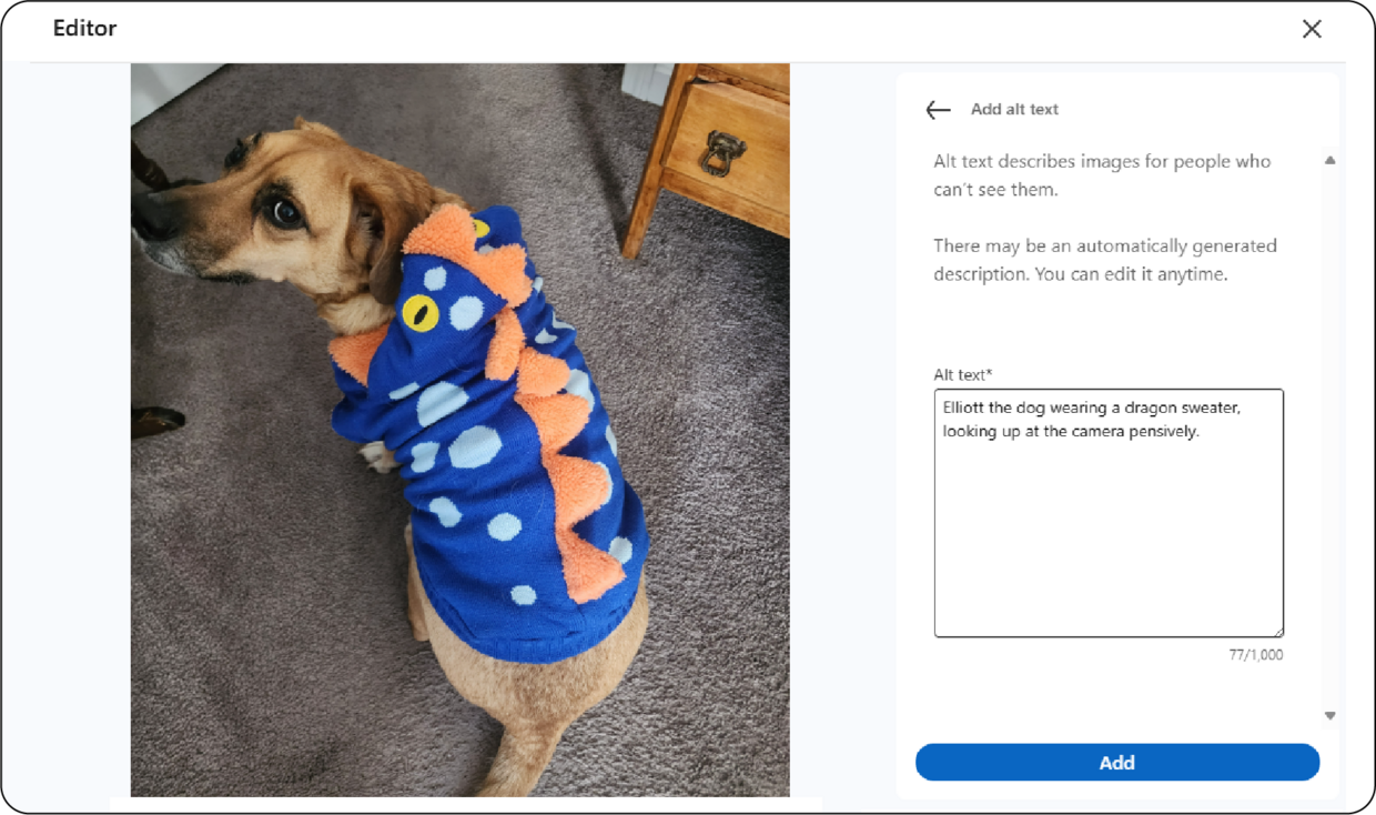 Screenshot of adding alt text to a LinkedIn post image. Elliott the dog wearing a dragon sweater.