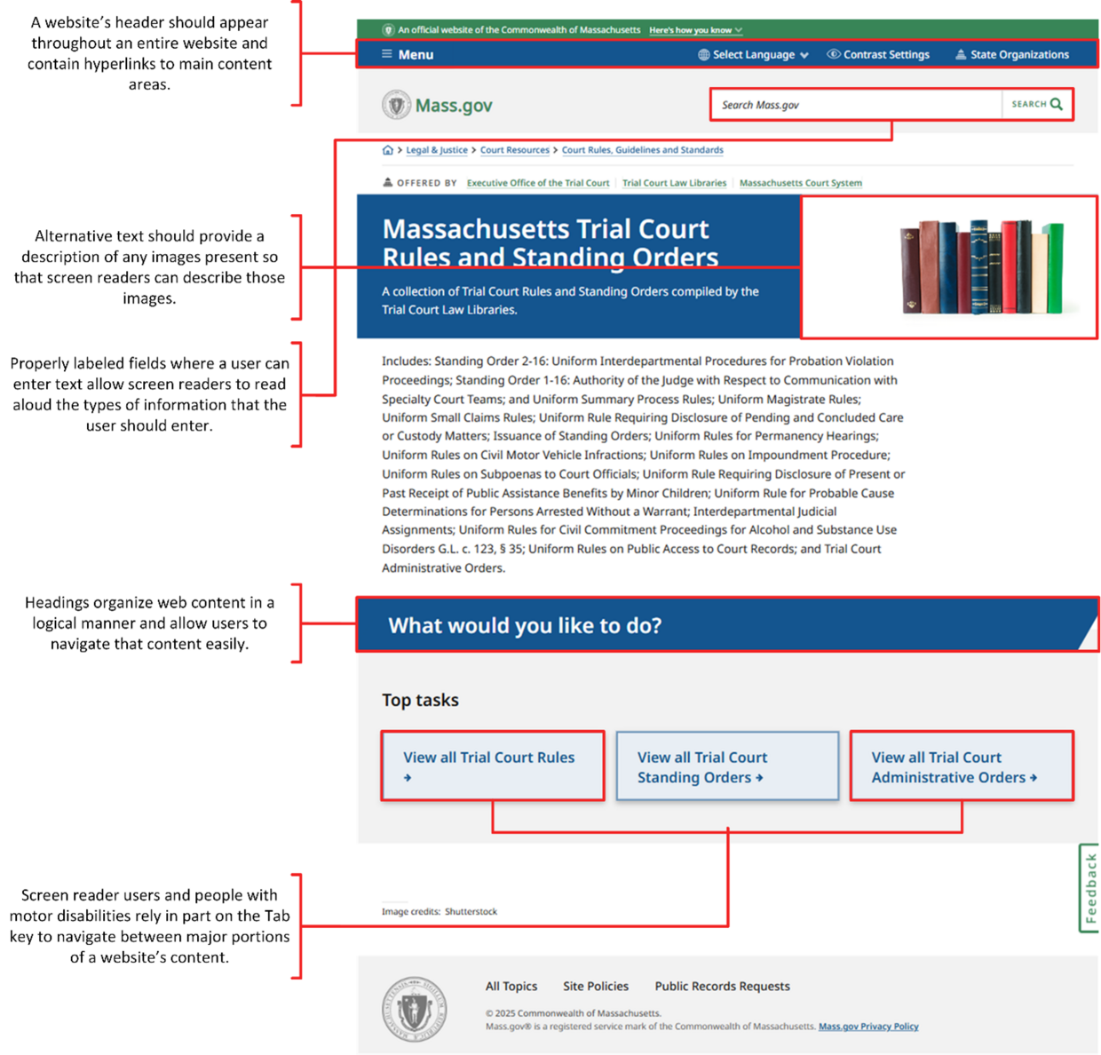 This object is a screenshot showing an EOTC webpage with explanations on how accessibility standards make websites more inclusive. The screenshot highlights how different elements of a webpage (e.g., multiple headings for different sections) can contribute to that webpage’s level of accessibility.