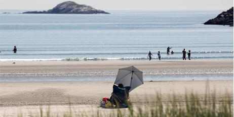 Person sitting under an umbrella at the beach
