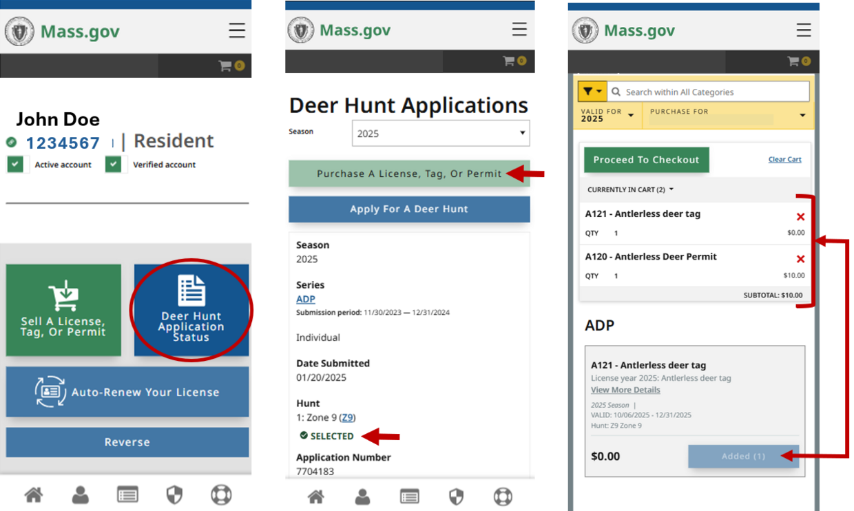 screenshot showing how to check your ADP status in MassFishHunt