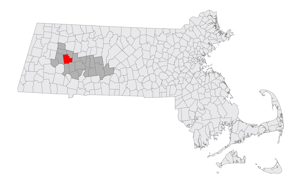 A map of MA with Chesterfield highlighted 